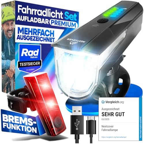 NEXTCOVER® Fahrradlicht Set mit [LightSense] Sensor & 11h Akkulaufzeit I USB aufladbar & wasserdicht I StVZO zugelassen I LED Fahrrad Licht vorne I Fahrradlampe & Fahrrad Rücklicht