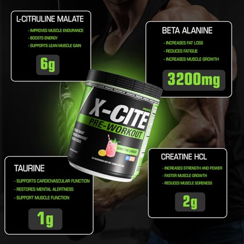 Image of X-CITE Pre-Workout by ATHLEAN-X - Enhanced Formula with Beta-Alanine, Creatine & Caffeine for Ultimate Energy, Endurance, Focus & Muscle Pump, NSF Certified for Sports (Sunny Pink Lemonade)