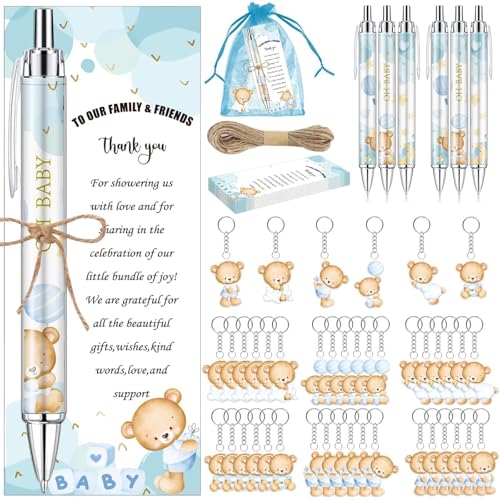 EYNDYN 145 piezas de recuerdos de baby shower para invitados, bolígrafos y llaveros de oso azul, regalos a granel, bolígrafos retráctiles para baby shower, tarjetas de felicitación, recuerdos y