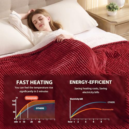 Image of Homemate Electric Heated Blanket Queen Size - 84 inchx90 inch Heating Blanket Queen Size Dual Control 1 /2 /4 /6 /8 Hours Auto-Off 10 Heat Level Over-Heat Protection Soft Flannel Sherpa ETL Certification