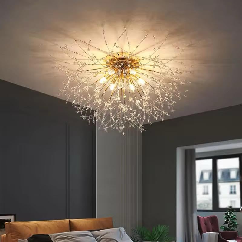 Image of Modern Crystal Flush Mount Chandelier - Luxury Gold Starburst Ceiling Light for Bedroom, Living Room & Hallway| 30cm