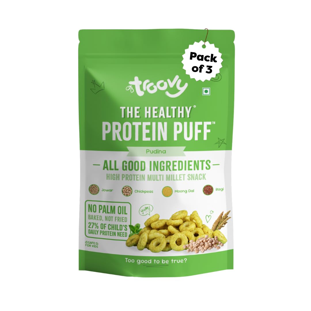 Troovy Healthy High Protein Puffs | Pudina Flavoured | No Palm Oil, Cholesterol or Trans Fats, No Junk & Chemicals | Made with Multiple Millets, Grains and Dal | (Pack of 3) 3 X 80 gm-image-42