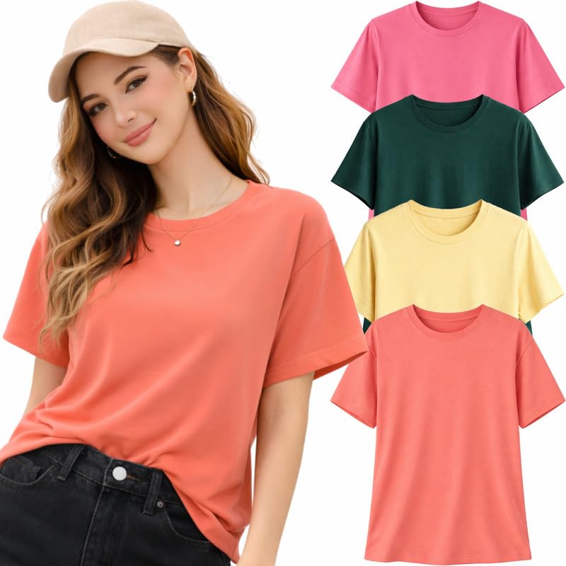 Image of London Hills Tshirt for Woman | T Shirt for Woman Cotton Casual Tops | Tshirts Shirts for Women Round Neck Short Sleeve | Women Tees Everyday Wear Basic T Shirts for Womans (Pack of 4)