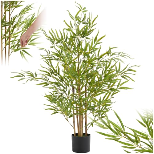 tectake® Albero di Bambù Artificiale, Foglie Realistiche, Vaso in Plastica, Decorazione per Soggiorno, Ufficio e Interni, Facile da Pulire, Arredamento - 120 cm