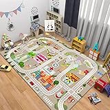 [NHYGDY] 道路柄 キッズラグ 80*120 カーペット マット プレイマット 子供部屋 ロードマップ ラグマット 男の子 幼児期 床暖房対応 防カビ 洗濯可能 丈夫 長方形 ベビーマット 滑り止め加工 カラー センターラグ マット 遊びマット 可愛い柄 女の子