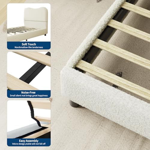 GarveeHome Full Bed Frame for Kids with Velvet Upholstered Headboard, Cute Low Profile Platform Bed for Girls and Boys, No Box Spring Needed, Strong Wooden Slats, Noise Free, Easy Assembly, Beige