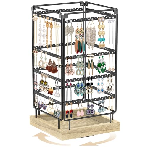 Image of MODOWEY 4 Tier Rotating Earring Holder Organizer Metal Wooden Display Stand Tree for Women, 224 Holes and Grooves Large Storage Rack, Stable Square Tower for Stud Pierced Dangle Hoop, Light Oak