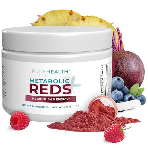 PUREHEALTH RESEARCH Reds Superfoods Powder - Only 10 Calories Fruit and Vegetable Adaptogen Drink with Beetroot, Polyphenols, Probiotic Powder - Antioxidants Supplement for Energy, 30 Servings