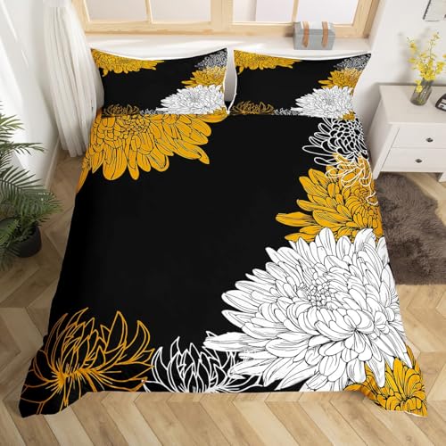 Parure de lit à motif floral botanique jaune et noir pour décoration de chambre d'adolescente et de femme, housse de couette respirante et esthétique,...