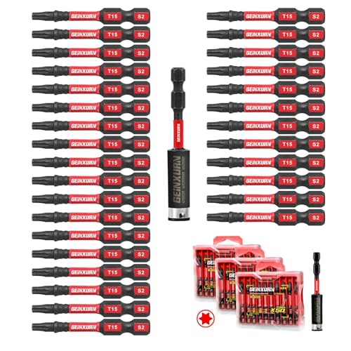 Geinxurn 30Pieces 2 In. T15 Impact Tough Magnetic Screwdriver Bit Set #15 Torx Head Power Bits S2 Alloy Steel Star Bits with 1Pc Impact Bit Holder and Storage M-Box