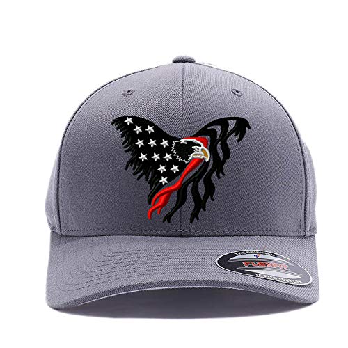 Thin Thin Red Line Eagle - Thin Blue Line Eagle - American Flag Eagle Flexfit hat. Custom Embroidered (Small-Medium, Grey)