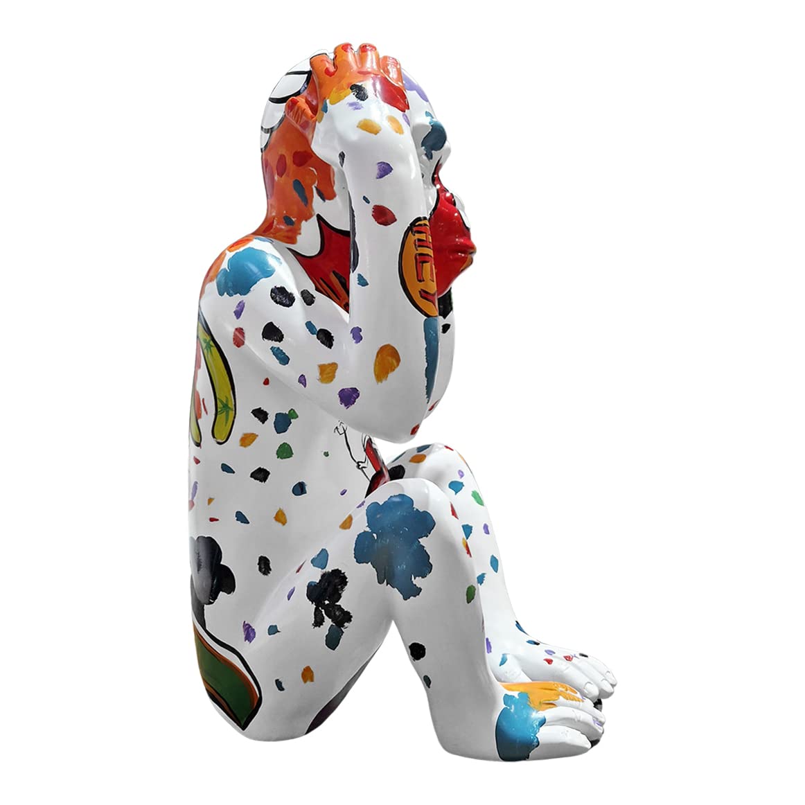 Meubletmoi Statua Scimmia Bianca Seduto Mani sulla testa e Disegno Pittura Multicolore in resina - Rafiki