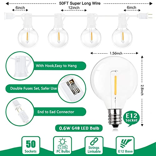 Abeja 50FT G40 LED Globe String Lights, Outdoor Patio String Lights with 50+2 Dimmable Shatterproof Bulbs, Backyard Outdoor Hanging Lights, Bistro Waterproof for Balcony Party Wedding, White Wire