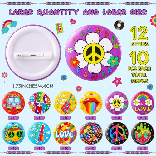 Image of Yinkin 1.7 in 60's Hippie Button Pins Bulk for Decorating Backpack Bags Hats Jean Hippie Party Favors Accessories 12 Style
