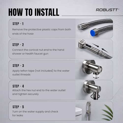 Image of Robustt Premium 304 Stainless Steel Jet Spray Hose Pipe for Toilet (Grey), 1.2m Flexible Hose Pipe with Anti Corrosion Finish, Hand Shower Pipe, Universal G1 /2 Fittings, High Pressure Faucet Pipe