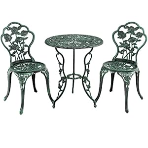 KOMFOTTEU 3 teiliges Gartenmöbel Set, Gartentisch mit 2 Gartenstühle, wetterfestes Bistroset aus Aluminium, Sitzgarnitur mit Rosenmuster für Balkon Garten Terrasse (Bronzegrün)