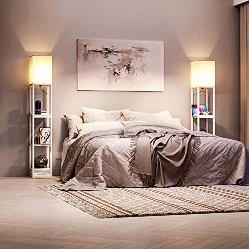 Image of SUNMORY Dimmable Floor Lamp with Shelves,Modern Solid Wood Standing Lamp with 1 Drawer and 2 USB Ports & 2 Power Outlet,Corner Tall Bookshelf Lamp for Living Room and Bedroom(White)