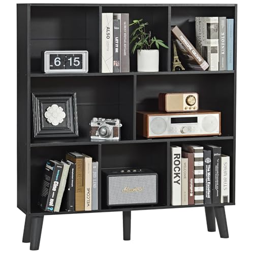 Lelelinky 8 Cube Black Bookshelf,3 Tier Bookcase with Legs,Rustic Mid-Century Modern Bookshelves, Wooden Book Case Suitable for Living Rooms, Study Rooms, Offices, and Libraries