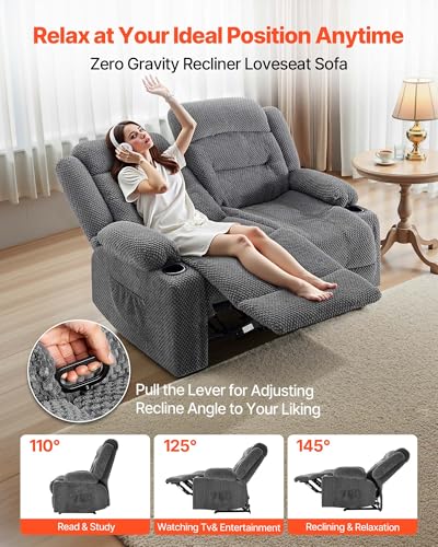 Image of VEVOR Loveseat Recliner Sofa, Manual Reclining Couch with Heating and Massage, Soft Corduroy Recliner Sofa with USB Ports, Cup Holders and Side Storage Bags, Dual Loveseat Chair for Living Room, Grey