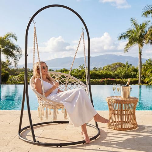 Image of SUNCREAT Hammock Chair with Stand Included, Heavy Duty Hanging Chair with Stand, 330 lbs Capacity, Patented, Beige