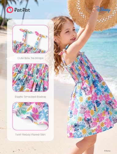 Image of Disney Princess Frozen Elsa Minnie Stitch Toddler Girl Dress Bow Tie Straps Smocked Summer Outfit Birthday Party Clothes 2-9Y