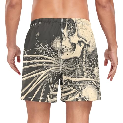 Mens Swim Trunks with Liner, Skeleton Black White Cool Quick Dry Beach Swim Shorts, Swimwear Bathing Suits S2