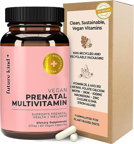 Future Kind Vegan Prenatal Vitamin with DHA & L-Methylfolate in Glass Bottle – Prenatal Folate Supplement for Women with Vitamin D & E, Iron & Biotin – Gluten-Free, Non-GMO (60ct)