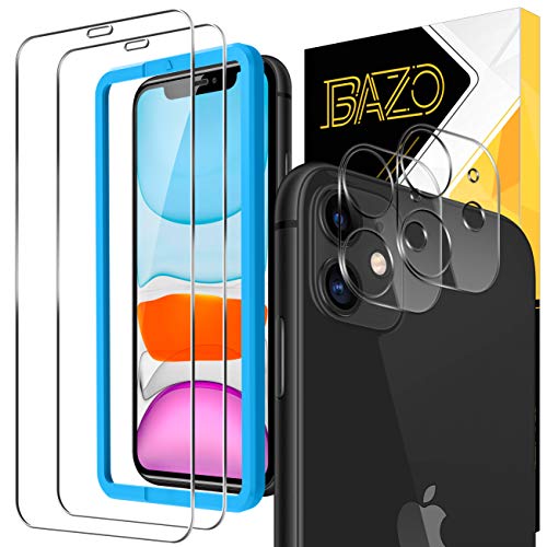 BAZO 2 Pack Screen Protector Tempered Glass and 2 Pack Camera Lens Protector for iPhone 11 (6.1 inch) with True Touch [Anti-Scratch] [Alignment Easy Installation Frame] HD [Fit with Most Cases]