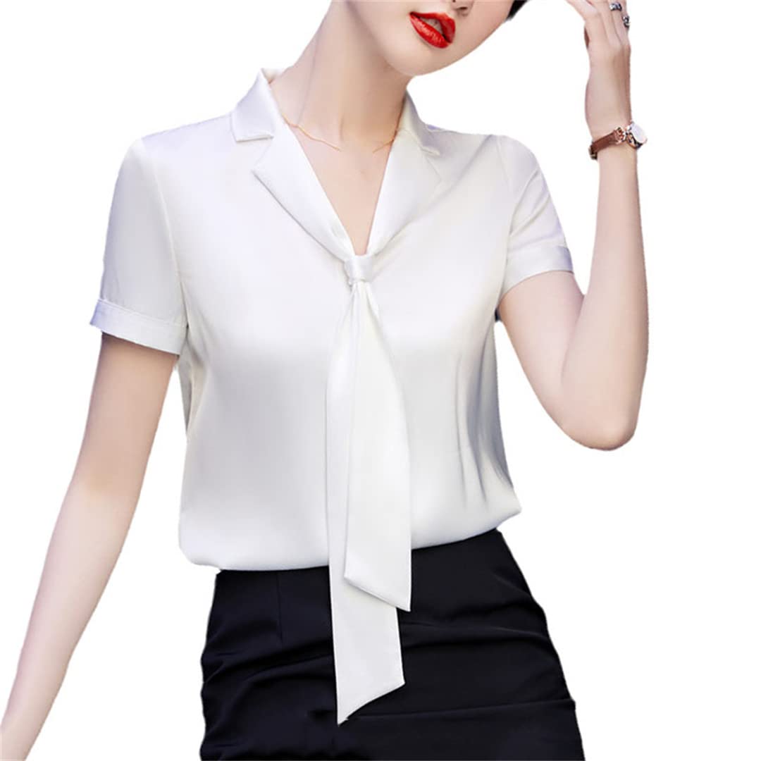 Blusa de chifón de Manga Corta de Verano para Mujer con Cuello en V de Lazo Blusas de Trabajo Formales de Oficina para Mujer White XL