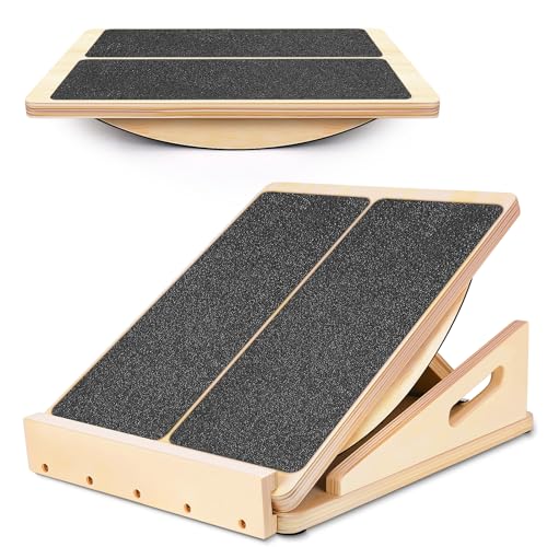 2-in-1 Professional Wooden Slant Board & Balance Board, Adjustable Incline Board and Calf Stretcher, Stretch Board for Knees Ankle Heel Feet Leg