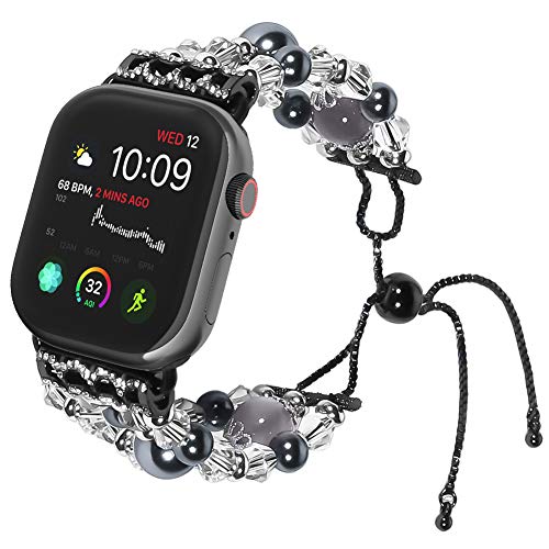 TILON Compatible for Apple Watch Band Replacement 42mm/44mm Series 4, Handmade Artificial Pearl Elastic Beaded iWatch Bracelet for Women Girls [Updated Style]-Black