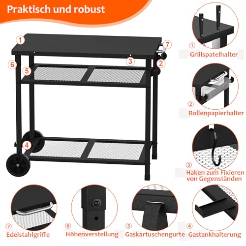 JYiuog multifunktionaler Grillwagen, 3-Etagen Grill-Esswagen, Küchenwagen mit Papierhandtuchhalter und Haken, Outdoor Servierwagen Beistelltisch (schwarz)