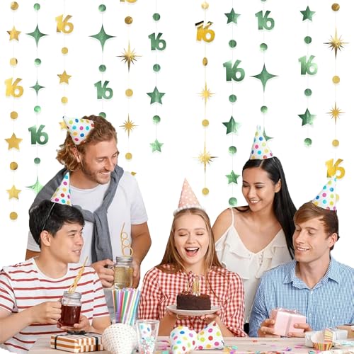 Image of Sage Green Gold Number 16 Circle Dot Twinkle Star Garland Streamer Bunting Banner Backdrop Decorations for Girls Happy 16th Birthday Sweet Sixteen 16th Anniversary Cheers to 16 Years Party Decor