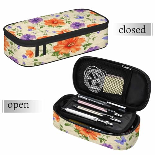 Image of Flower Pencil Case Purple Orange Tropical Flower Watercolor Pencil Bag Pen Markers Pouch Holder Organizer for Boy Girl School Students