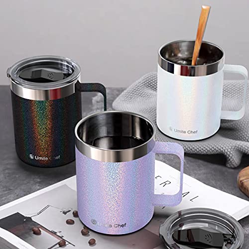Umite Chef Stainless Steel Insulated Coffee Mug Tumbler With Handle, 12 Oz Double Wall Vacuum Tumbler Cup With Lid Insulated Camping Tea Flask For Hot & Cold Drinks((Glitter Lavender)) #TOP4
