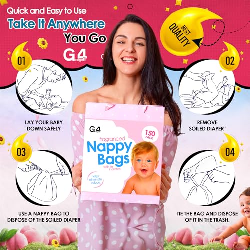 G4GADGET 300 Nappy Bags, Extra Strong Disposable Diaper Sacks with Tie Handles, Odour Neutralizing & Leakproof - Image 4