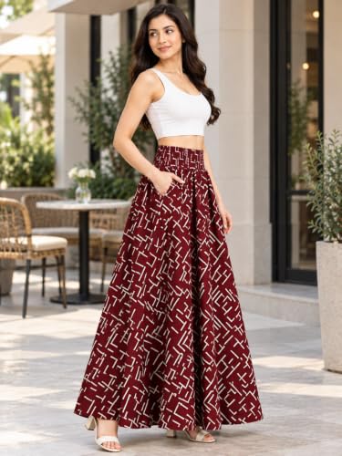 Image of Women's Printed Viscose Crepe Flared Palazzo Pants with Pockets | Elastic Waist | Full Length | Casual | Free Size