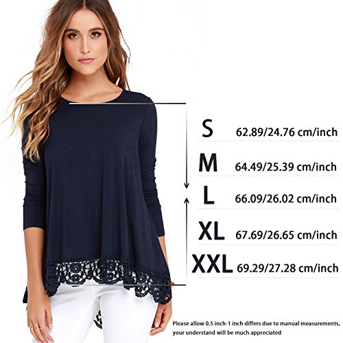 FISOUL Women's Tops Long Sleeve Lace Trim O-Neck A-Line Tunic Tops Large Navy Blue