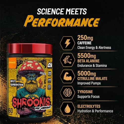 Image of Absolute Nutrition SHROOMS Pre Workout Powder (60 Servings, 500g) | With Beta Alanine, L-Citrulline DL-Malate 2:1, Cocoa Bean Extract & Bitter Orange | (Orange)