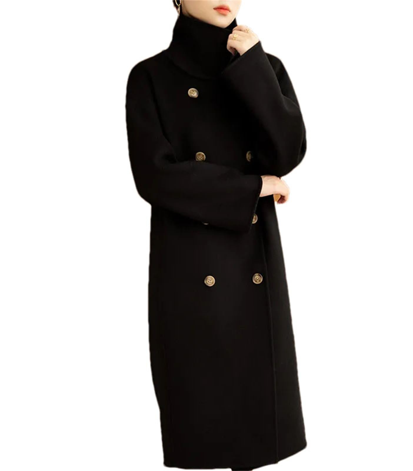 Women'S Wool Long Pea Coat Fall Winter Lapel Collar Wool Double-Sided Woolen Coat Outerwear