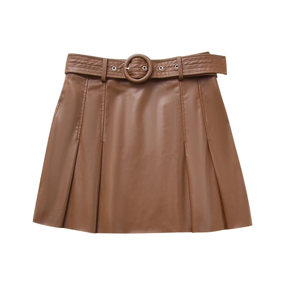 Kurzröcke für Frauen - Frauen Mode Herbst/Winter Leder Falten Minirock Frauen Vintage Belt hohe Taille Vielseitige weibliche Rock