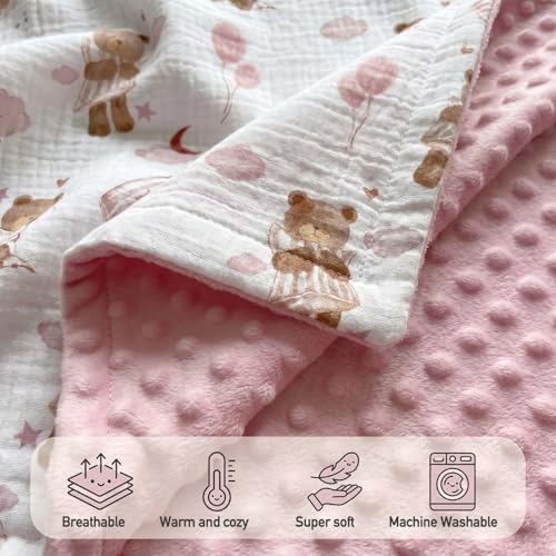 Image of GLLQUEN BABY Blankets for Girls, Soft Muslin Cotton Front Dotted Fleece Backing, Nursery Minky Crib Blanket for Infant Toddler, 30 x 40 inches Throw Blanket, Pink Bear