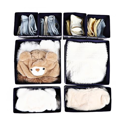 Image of House of Quirk Non-Woven Foldable Cloth Storage Box, Set of 8 Closet Dresser Drawer Organizer Containers for Underwear, Socks, Ties, Scarves with Drawers (Greek Blue), 28x28x13 cm