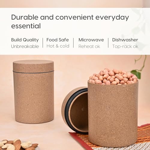 Image of Eha Earth Friendly Canister With Air Tight Lid | Food Storage Container Jars Set Of 2 | Made With Rice Husk And Bamboo Fibers | 700Ml | Charcoal-Tortilla,Multicolor