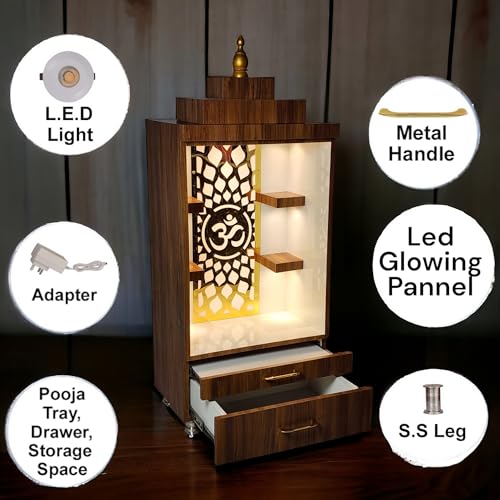 Image of White Wooden Pooja Mandir for Home & Office | Decorative Wooden Temple with Golden Om Jali, Warm LED Light (Brown)