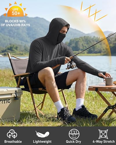 Image of FISHEAL Men's Performance Fishing Hoodie Shirt - UPF 50+ UV Sun Protection Long Sleeve Shirts with Mesh Face Mask