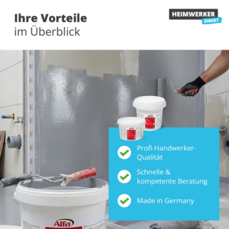 15 kg Alfa Flüssigfolie – Abdichtungsmasse blau – unter keramischen Belägen | Profi-Qualität – Flexible Flüssigfolie zur Abdichtung unter Fliesen in Bad, Dusche, Küche und Feuchträumen