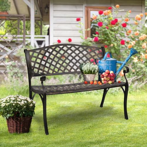 Bonnlo Banc Exterieur Jardin en Aluminium Moulé|Style Vintage avec Dossier et Assise à Mailles|Banquette,Bancs de Jardin Robuste pour Terrasse, Balcon et Patio|102 cm, Bronze Antique