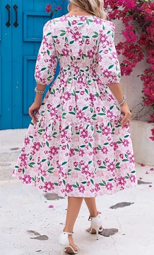 Image of Kormei Women Summer Casual Boho Floral Round Neck 3 /4 Sleeve Smocked Waist Tiered Flowy Swing Midi Dress XL White /Purple