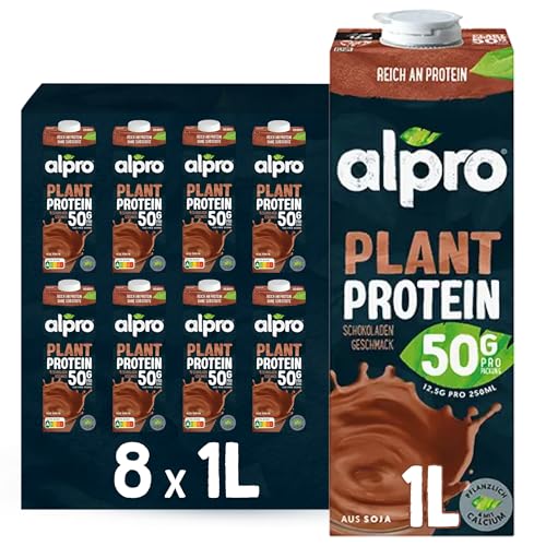 Alpro Proteindrink Soja Schokolade 8x1L | 100% pflanzlich | laktosefrei | zuckerarm | reich an pflanzlichem Protein
